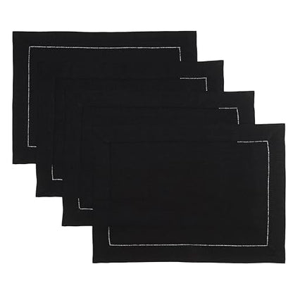 D'Moksha Homes Linen Placemats Set of 4 - Classic Hemstitch Black Placemats 14 x 19 Inch - 100% Pure Linen Table Mats for Spring - Handcrafted and Machine Washable - color: 04 - Black