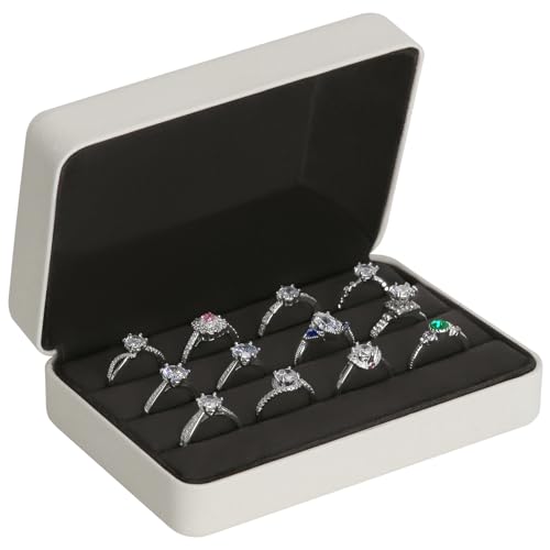 KUKUVR Velet Ring Storage Box for Multiple Rings, Travel Jewelry Ring Stud Earrings Holder Case, 3 Slot Portable Ring Display Organizer Case (White) - color: White