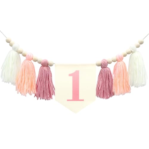 One High Chair Banner Baby First Birthday Party Decorations for girl boy Flower First Birthday Party Decorations (White Pink) - color: White Pink