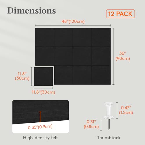 Lifewit 48"x 36" Felt Bulletin Board with Self-Adhesive, 12 Pack Cork Board Alternative for Walls, Large Pin Board Vision Board Message Board with 50 Pushpins for Office Decor, Room Decor, Black - color: Black, size: Square Stripe 12-pack