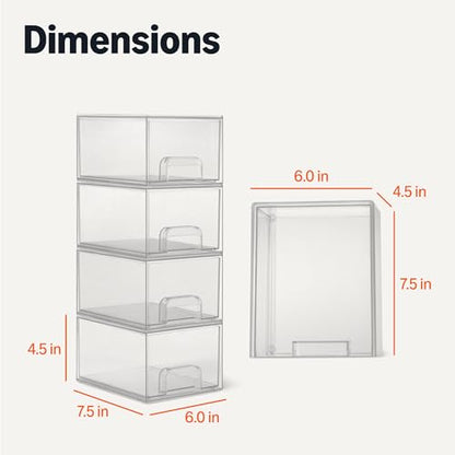 Amazon Basics Stackable Plastic Storage Makeup Organizer Drawers, Clear, 7.5" x 6" x 4.5", 4 Pack - size: 7.5" x 6" x 4.5"