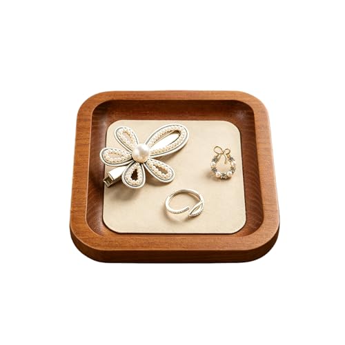 Wooden Jewelry Display Tray Rounded Rectangle Ring Showcase Stackable Elegant Bracelet Watch Jewelry Organizer for Personal Use and Commerce (Old Lace, Small-W 3.9'' x H 0.6'' x L 3.9'') - color: Old Lace, size: Small-W 3.9'' x H 0.6'' x L 3.9''
