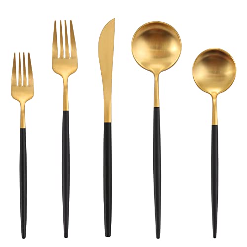 Matte Black Gold Silverware Set, Oliviola 20-Piece Stainless Steel Flatware Cutlery Set Service for 4, Satin Finish Kitchen Utensil Set, Dishwasher Safe - color: Blackgold, size: 20-piece