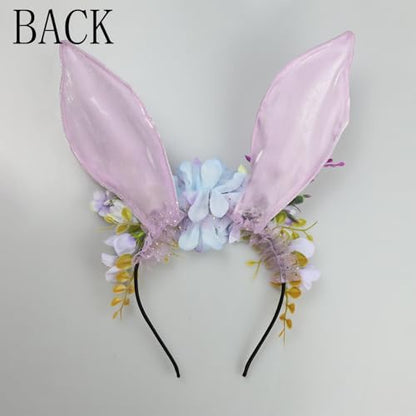 Women Easter Bunny Ears Headband Flowers Crown Rabbit Ears Party Headwear - color: purple