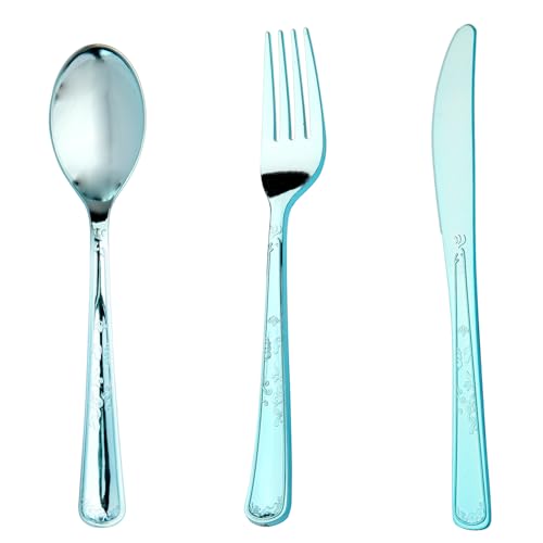 180 Pack Disposable Light Blue Plastic Silverware Contain 60 Forks,60 Spoons,60 Knives, Solid and Durable Plastic Cutlery Utensils Set Perfect for Parties,weddings. - color: Light Blue