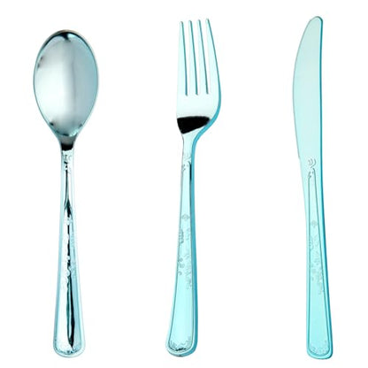 180 Pack Disposable Light Blue Plastic Silverware Contain 60 Forks,60 Spoons,60 Knives, Solid and Durable Plastic Cutlery Utensils Set Perfect for Parties,weddings. - color: Light Blue