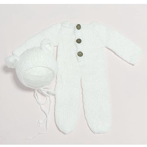 2Pcs Newborn Photography Props Boy Photo Posing Outfits Baby Photoshoots Girl Crochet Bear Hat Romper - color: White