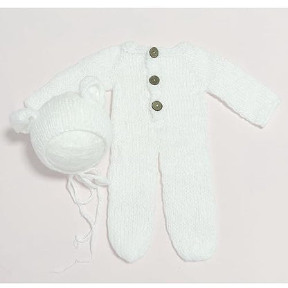 2Pcs Newborn Photography Props Boy Photo Posing Outfits Baby Photoshoots Girl Crochet Bear Hat Romper - color: White