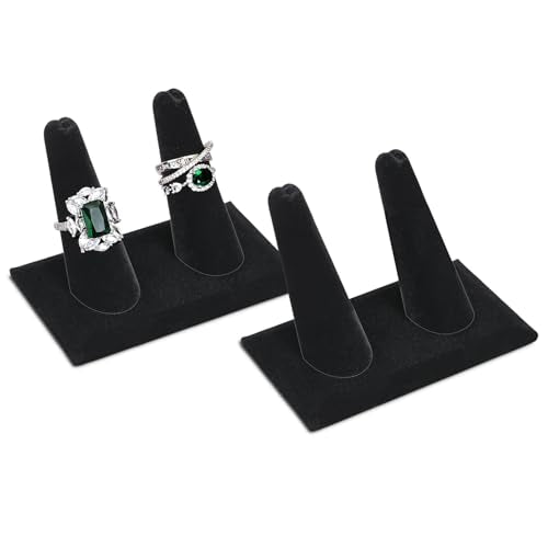 MOOCA 2 Pcs Set 2-Ring Organizer for Showcase Display Ring Finger Holder Jewelry Display Stands Showcase Jewelry Storage Counter, Black Velvet, 3 1/2 W x 2 D x 2 1/8 H inch - color: Black Velvet, Long Finger