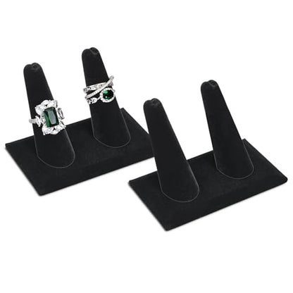MOOCA 2 Pcs Set 2-Ring Organizer for Showcase Display Ring Finger Holder Jewelry Display Stands Showcase Jewelry Storage Counter, Black Velvet, 3 1/2 W x 2 D x 2 1/8 H inch - color: Black Velvet, Long Finger