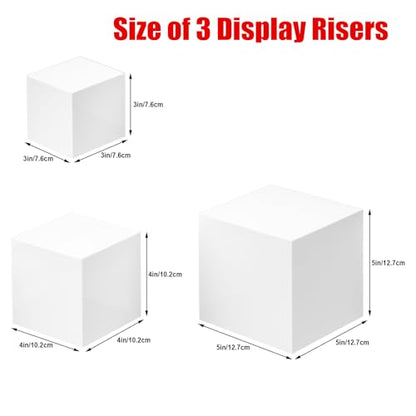 Clisela 3pcs Acrylic Cube Display Stands Box Risers with Hollow Bottoms, Food Risers for Buffet Table, Decorative Display Stand Shelf for Dessert Collectibles Jewelry Figures Show - White 3" 4" 5" - size: (3,4,5)"- White