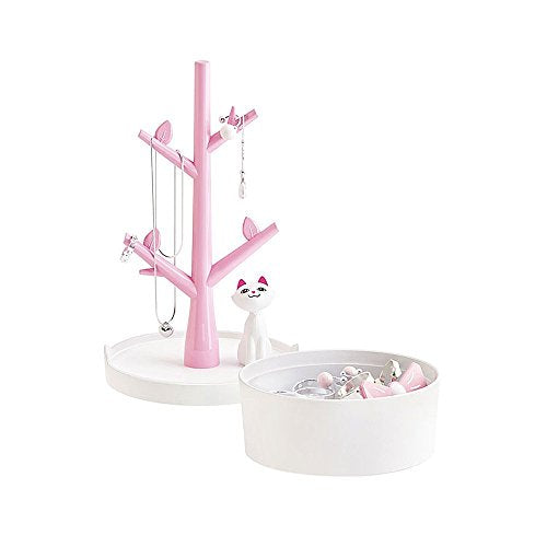 Fantasee Cute Cat Jewelry Tree Organizer for Kids, Earring Bracelet Hair Tie Storage Holder for Little Young Girl, Premium ABS Material (Pink)