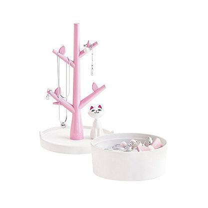 Fantasee Cute Cat Jewelry Tree Organizer for Kids, Earring Bracelet Hair Tie Storage Holder for Little Young Girl, Premium ABS Material (Pink)