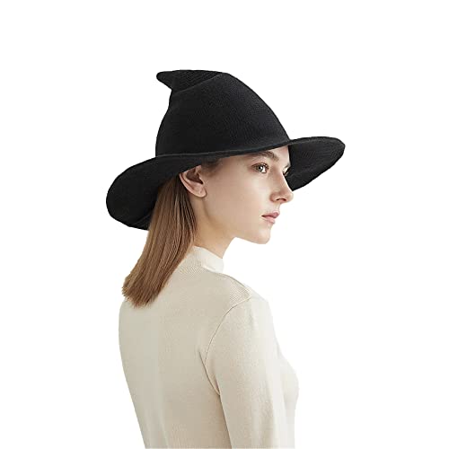 Halloween Witch Hat for Women Wide Brim Foldable Wizard Hat Wool Knit Pointed Cap Cosplay Costume Accessory - color: Black