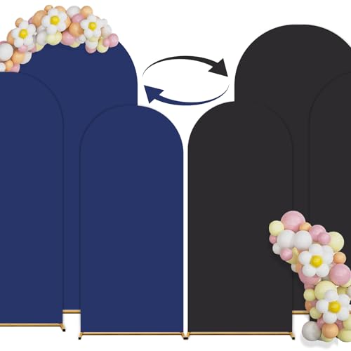 Double Color Set of 3 Arch Backdrop Cover,Spandex Fitted Wedding Arch Cover,Round Top Arch Backdrop Stands Cover for Birthday, Party, Baby Shower Decorations (4ft/5ft/6ft Black+Blue) - color: Black+Blue, size: 4FT+5FT+6FT
