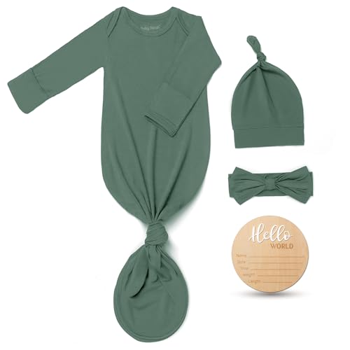 Hello World Newborn Outfit Knotted Gown 0-3 Months, Baby Girl Boy Coming Home Sleeper with Sign - color: Dark Green, size: Newborn