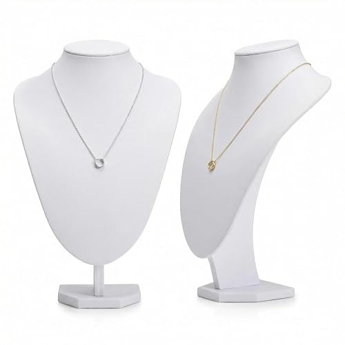 Comelyjewel Necklace Display Stand Set of 2, Small Jewelry Bust Holder (8.7”), Faux Leather Necklace Organizer for Vanity, Earrings & Necklace Display for Home or Vendor Booth - color: White Faux Leather