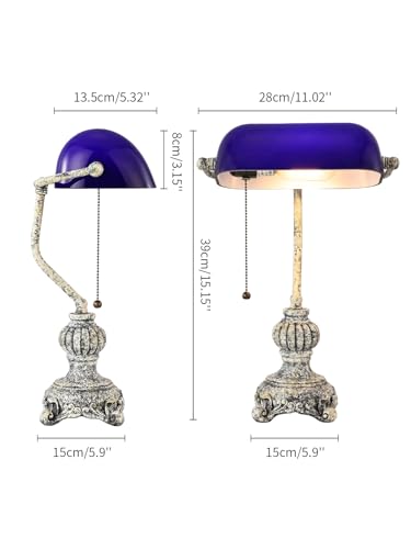 Retro Blue Glass Bankers Desk Lamp for Home Office,Library with Pull Chain Switch Plug in Fixture, LED Bulb Included - color: Antique +Blue