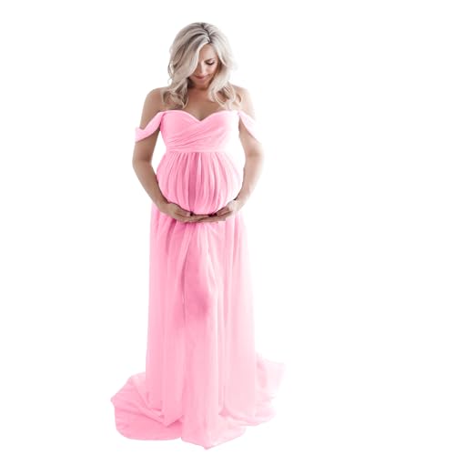 Maternity Lace Dress for Photoshoot Off Shoulder Gown Pregnancy Dresses for Photography - color: Pink, size: Small