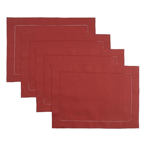 D'Moksha Homes Linen Placemats Set of 4 - Classic Hemstitch Bright Red Placemats 14 x 19 Inch - 100% Pure Linen Table Mats for Spring - Handcrafted and Machine Washable - color: 12 - Bright Red