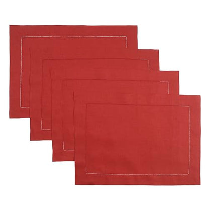 D'Moksha Homes Linen Placemats Set of 4 - Classic Hemstitch Bright Red Placemats 14 x 19 Inch - 100% Pure Linen Table Mats for Spring - Handcrafted and Machine Washable - color: 12 - Bright Red