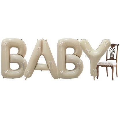 40" Cream White BABY Letter Foil Balloons with Pre-installed White Rustic Bows - Gender Neutral Decor for Baby Showers, Gender Reveal Parties, Boho Backdrop & Party Favors