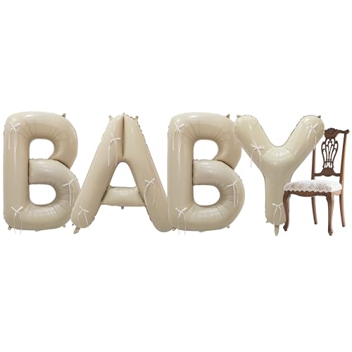40" Cream White BABY Letter Foil Balloons with Pre-installed White Rustic Bows - Gender Neutral Decor for Baby Showers, Gender Reveal Parties, Boho Backdrop & Party Favors