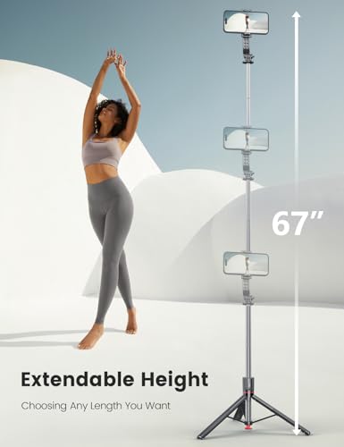Selfie Stick Tripod with Light, 67'' Tripod with Wireless Remote, Portable Phone Tripod Compatible with iPhone 16/15 Pro Max/15/14 Pro/14/13, Samsung S22/ S23 Ultra/Android Smartphone - color: Black - 67" Extended Height