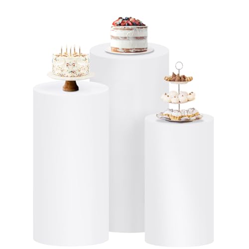 Socomi Cylinder Pedestal Stand Covers Spandex Flexible Display Box for Birthday Party Wedding Baby Shower Decoration- Only Covers Included, Set of 3 White - color: White, size: Set of 3