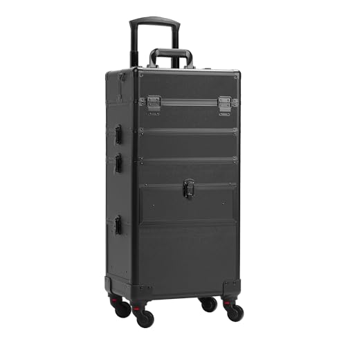 Somduy 4 in 1 Rolling Makeup Case on Wheels with Drawer and Professional Cosmetic Organizers for Salon Barber - Bright Black - color: Bright Black