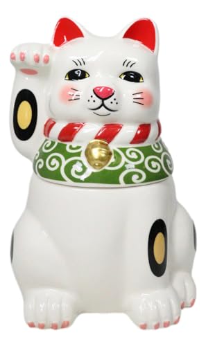 Ebros Gift Japanese Maneki Neko Lucky Charm Cat with Right Paw Up Ceramic Cookie Jar Kitchen Decor Figurine Accent