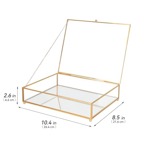 REDHUGO Large Glass Boxes for Display Handmade, Mirrored Bottom, Glass Jewelry Trinket Box with Lid, for Book, Photo, Keepsake Organizer, Display Case for Vanity Decor Home Dresser, Gold - color: Gold, size: Low: 10.4"L × 8.5"W × 2.6"H