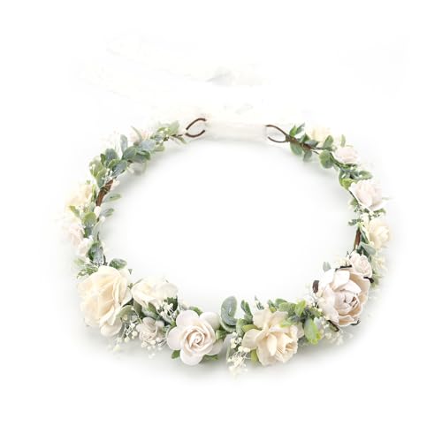 Greenery Flower Crown for Girls White Floral Holo Hair Headpiece bride Wreath Bridemaid Crown Rustic Wedding Women Garland Photo Prop Headband for Adult - color: Adult Size