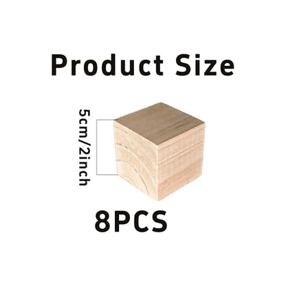 8Pcs 2inch Unfinished Natural Wooden Cubes, Square Craft Wood Blocks for DIY Projects, Blank Wood Squares for Art, Building, Personalized Crafts, Wedding Decor, and Creative Displays - size: 5cm