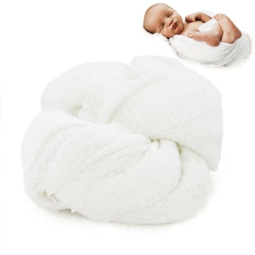 Newborn Photography Props for Baby Boys and Girls Newborn Wraps for Infant Baby Photoshoot Waffle Texture Knit Blanket - color: White