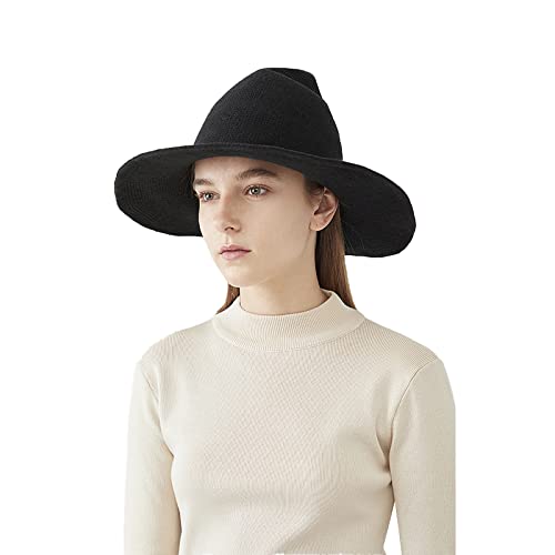 Halloween Witch Hat for Women Wide Brim Foldable Wizard Hat Wool Knit Pointed Cap Cosplay Costume Accessory - color: Black