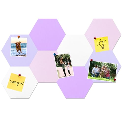 8 Pcs Hexagon Felt Cork Bulletin Board Tiles, Self Adhesive DIY Bulletin Board Pin Board for Office School Home Wall Decor Memos Photos Display(Purple & Pink) - color: C- Purple & Pink, size: Hexagon