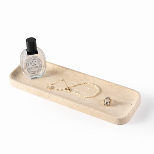 Koville Marble Tray, 12"x4" Marble Vanity Tray for Bathroom Kitchen Countertop Sink, Natural Stone Tray for Home Decor, Decorative Rectangular Narrow Catchall Tray for Jewelry Perfume - color: 12"x4"-travertine