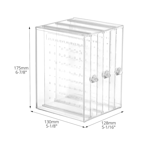 QWORK Clear Acrylic Jewelry Storage Box - Earring Display Stand Holder with 3 Vertical Slide-Out Drawers, 216 Earring Holes & 36 Necklace Grooves