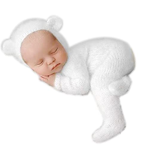 2Pcs Newborn Photography Props Boy Photo Posing Outfits Baby Photoshoots Girl Crochet Bear Hat Romper - color: White
