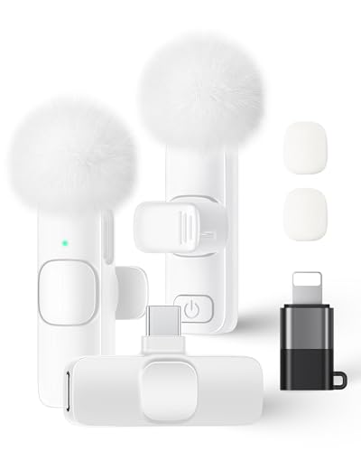 Wireless Lavalier Microphone for iPhone iPad and Android Phone, 2 Pack Lapel Mic Plug and Play Wireless Mic Noise Reduction Microphone for Video Recording Interview Podcast Vlog YouTube (White) - color: White, size: Without Case