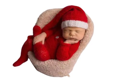 Christmas Newborn Baby Photo Shoot Props Outfits Crochet Clothes Santa Claus Red Hat Pants Photography Props - color: Red