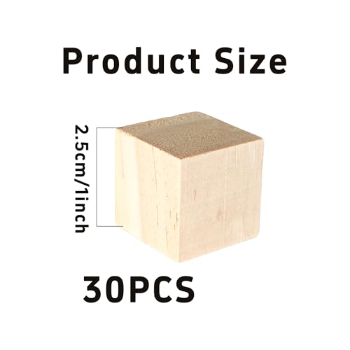 30Pcs 1inch Unfinished Natural Wooden Cubes, Square Craft Wood Blocks for DIY Projects, Blank Wood Squares for Art, Building, Personalized Crafts, Wedding Decor, and Creative Displays - size: 2.5cm
