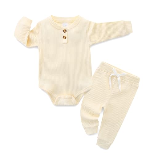 Hikido Newborn Baby Boy Girl Clothes Infant Ribbed Romper Cotton Long Sleeve Pant Sets for 0~18M Infant - color: Beige, size: (0-3)months