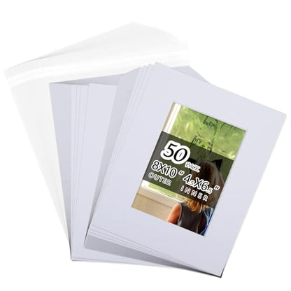 Falling in Art Acid Free 8x10 Pre-Cut Picture Mat Board Kit for 5x7 Photo, Includes 50 White Core Bevel Cut Mattes, 50 Backing Boards, 50 Crystal Clear Bags - size: 10"L x 8"W