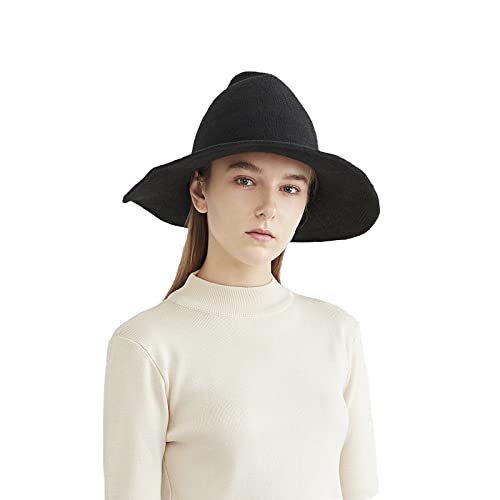 Halloween Witch Hat for Women Wide Brim Foldable Wizard Hat Wool Knit Pointed Cap Cosplay Costume Accessory - color: Black