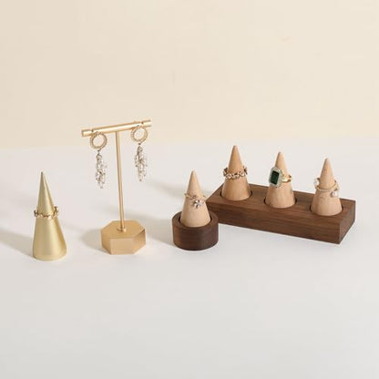 Wooden ring organizer holder for jewelry, Stable ring display stand for boutique store, walnut base with white ring cones for jewelry selling【Ring holder-Cone 3】 - style: Three Cone