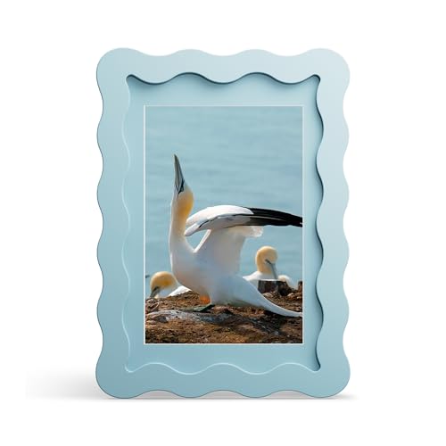 4x6 Picture Frame with Mat for 3.5x5, Wavy Edge Wooden Real Glass Photo Frame for Tabletop and Wall Hanging, Blue, 1 Pack - color: Blue, size: 4x6 in