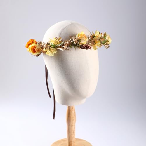 Fairy Rose Flower Crown - Golden Leaves Autumn Yellow Flower Headband Fashion Boho Bridal Floral Headpiece Women Girls Vacation Party Festival Photo Prop - color: Orange