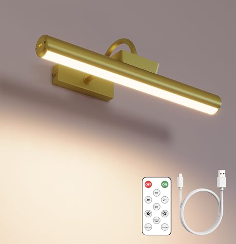 Skairipa Picture Light Battery Operated, Wireless Art Light for Paintings, Dimmable 5000mAh Recharging Battery Picture Light with Remote Control for Wall, Gallery Dartboard Art Bedroom (Gold-1Pack) - color: Gold, size: 1Pack-13in